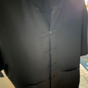 Lovely, black mandarin collared top with "frog" closures made in Vietnam, XL